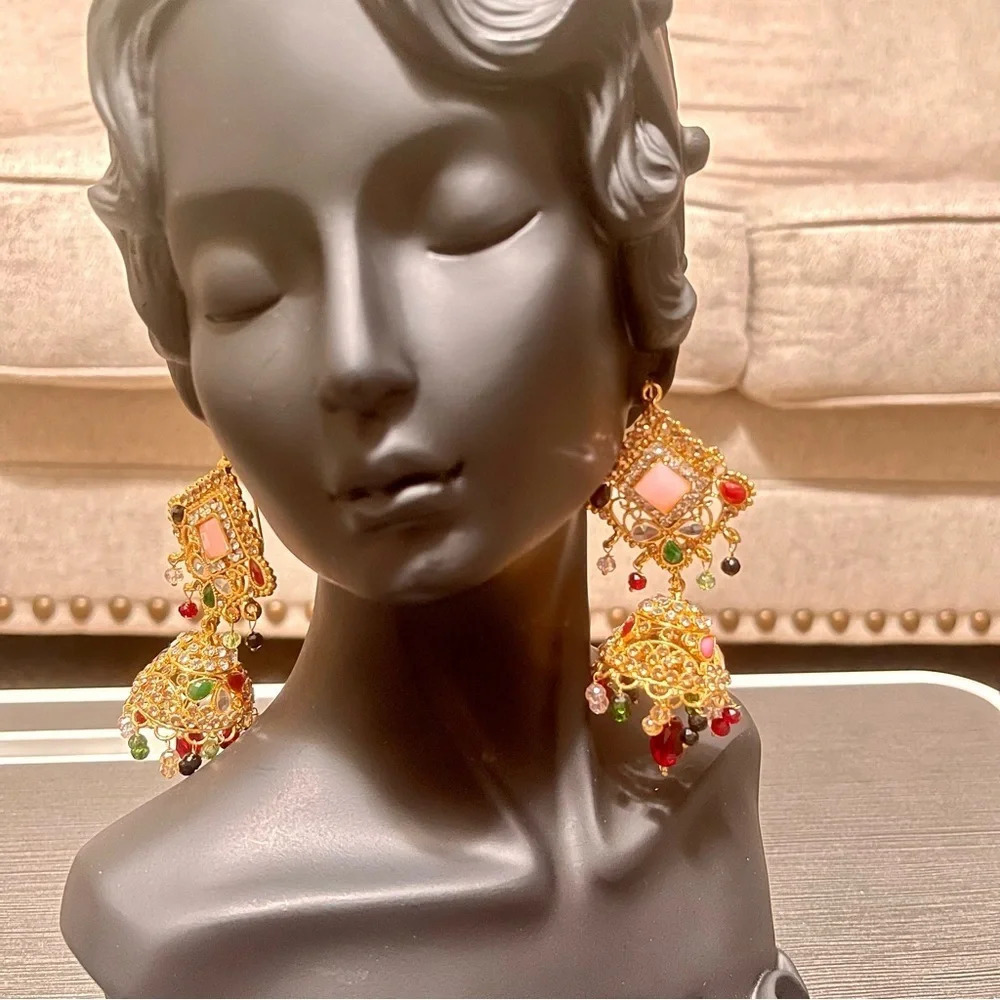 New! Pakistani Indian Asian Bollywood Women Ethnic Gold Large Jhumka Earrings